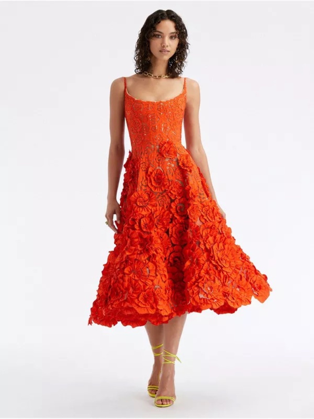 Oscar De La Renta Rosette Faille Red Midi Dress - Picture 2 of 5
